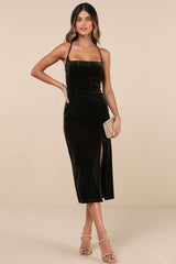Gorgeous Composure Olive Velvet Lace-Up Sleeveless Midi Dress