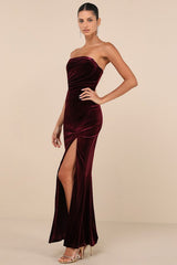 Perfectly Captivating Plum Purple Velvet Strapless Maxi Dress