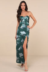 Luxe Sweetie Emerald Floral Taffeta Belted Strapless Maxi Dress