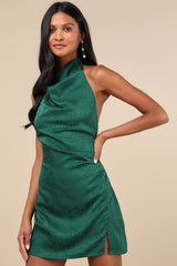 Simply a Stunner Emerald Jacquard Cowl Backless Mini Dress