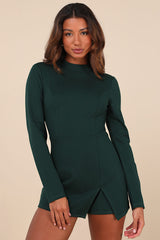 Undeniably Stylish Emerald Backless Long Sleeve Skort Romper