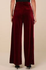 Chic Splendor Wine Red Velvet Pleated High-Rise Wide-Leg Pants