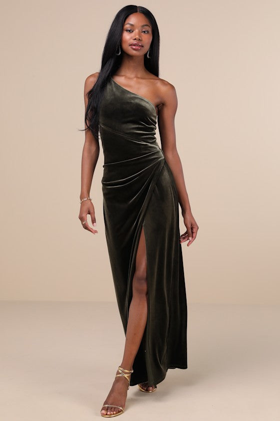 Elegant Era Olive Green Velvet One-Shoulder Maxi Dress