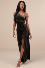 Elegant Era Olive Green Velvet One-Shoulder Maxi Dress