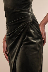 Elegant Era Olive Green Velvet One-Shoulder Maxi Dress