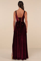 Graceful Invite Dark Plum Velvet Square Neck Lace-Up Maxi Dress