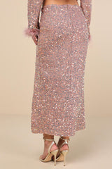 Sparkling Behavior Mauve Pink Sequin High-Rise Midi Skirt