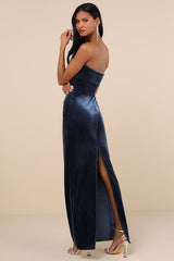 Divine Existence Navy Blue Velvet Tie-Front Strapless Maxi Dress