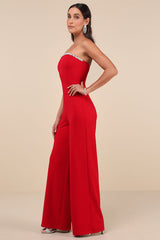 Lavish Muse Red Rhinestone Strapless Jumpsuit