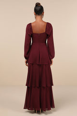 Tier to Enchant Burgundy Long Sleeve Tiered Maxi Dress