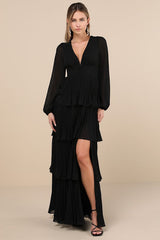 Graceful Finesse Black Pleated Long Sleeve Maxi Dress
