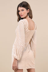 Precise Radiance Beige Velvet Sequin Long Sleeve Mini Dress
