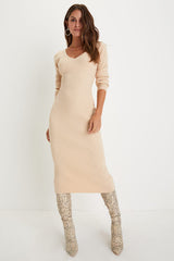 Everyday Beauty Beige Long Sleeve Ribbed Knit Sweater Dress