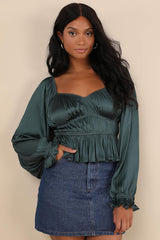 Sophisticate Dark Green Satin Ruched Long Sleeve Top