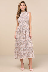 Happily Sweet Beige Floral Mock Neck Backless Midi Dress