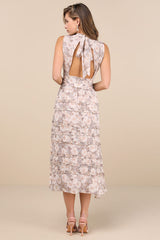 Happily Sweet Beige Floral Mock Neck Backless Midi Dress