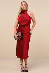 Distinctive Charm Burgundy Satin Asymmetrical Midi Dress