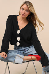 Sweetest Poise Black 3D Rosette Button-Front Cardigan