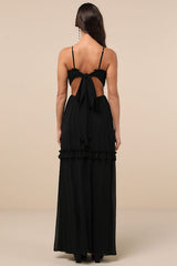 Pronounced Perfection Black Cutout Tie-Back Maxi Dress
