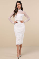 Impressive Flirt White Mesh Ruched Mock Neck Midi Dress