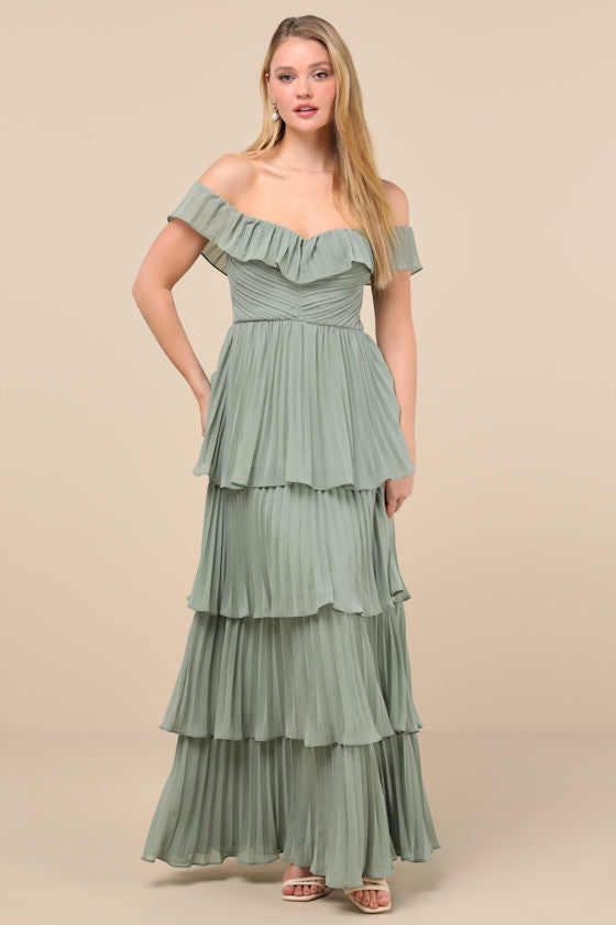 Always Remarkable Sage Brush Pleated Off-the-Shoulder Maxi Dress