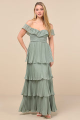 Always Remarkable Sage Brush Pleated Off-the-Shoulder Maxi Dress