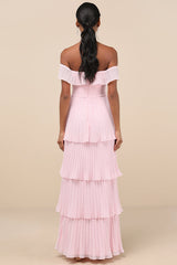 Always Remarkable Pink Pleated Off-the-Shoulder Maxi Dress