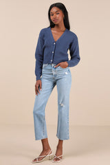 Toasty Babe Dark Blue Knit Button-Up Cropped Cardigan