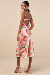 Sensational Spirit Peach Multi Floral Satin Tie-Back Midi Dress