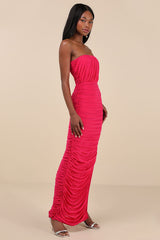 Illy Hot Pink Mesh Strapless Maxi Dress
