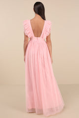 Simply Delighted Pink Mesh Ruffled Backless Maxi Dress