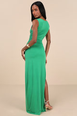 Significant Allure Green Slinky Knit Ruched Maxi Dress