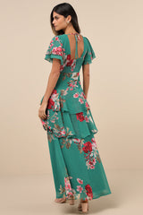 Midnight Mood Teal Green Floral Print Tiered Maxi Dress