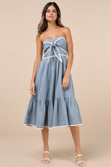 Delightful Design Dusty Blue Polka Dot Midi Dress With Pockets