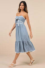 Delightful Design Dusty Blue Polka Dot Midi Dress With Pockets
