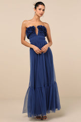 Chic Spectacle Navy 3D Applique Strapless Maxi Dress
