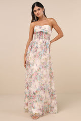 Stunning Element Cream Floral Mesh Ruffled Strapless Maxi Dress