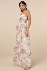 Stunning Element Cream Floral Mesh Ruffled Strapless Maxi Dress