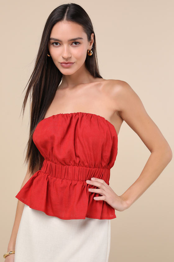 Georgie Red Strapless Peplum Top