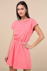 Definite Beauty Washed Coral Pink Short Sleeve Mini Dress