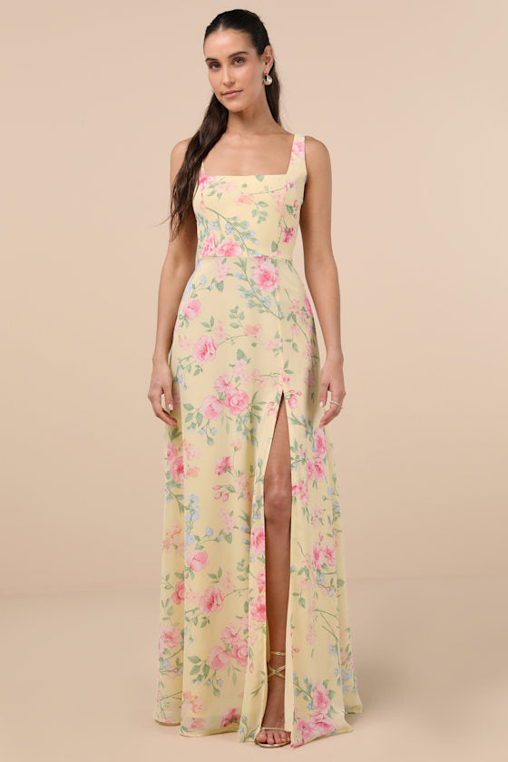 Remarkable Arrival Yellow Multi Floral Sleeveless Maxi Dress