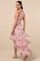 Forever Exceptional Light Pink Floral Halter Organza Maxi Dress