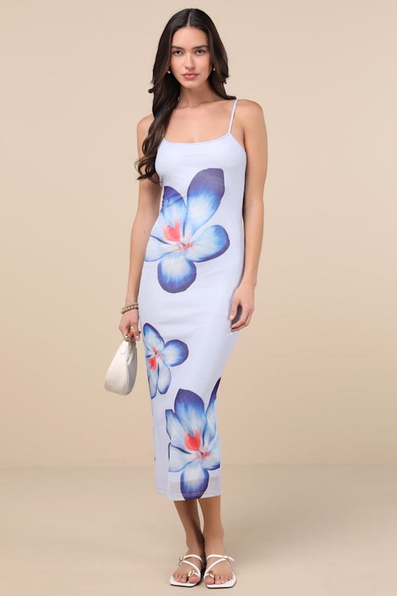 Graciela Periwinkle Floral Mesh Bodycon Midi Dress