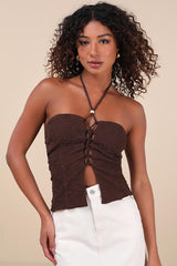 Kelani Brown Textured Knit Halter Crop Top
