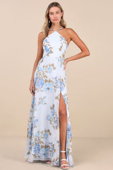 Romantic Marvel Light Blue Floral Print Halter Neck Maxi Dress