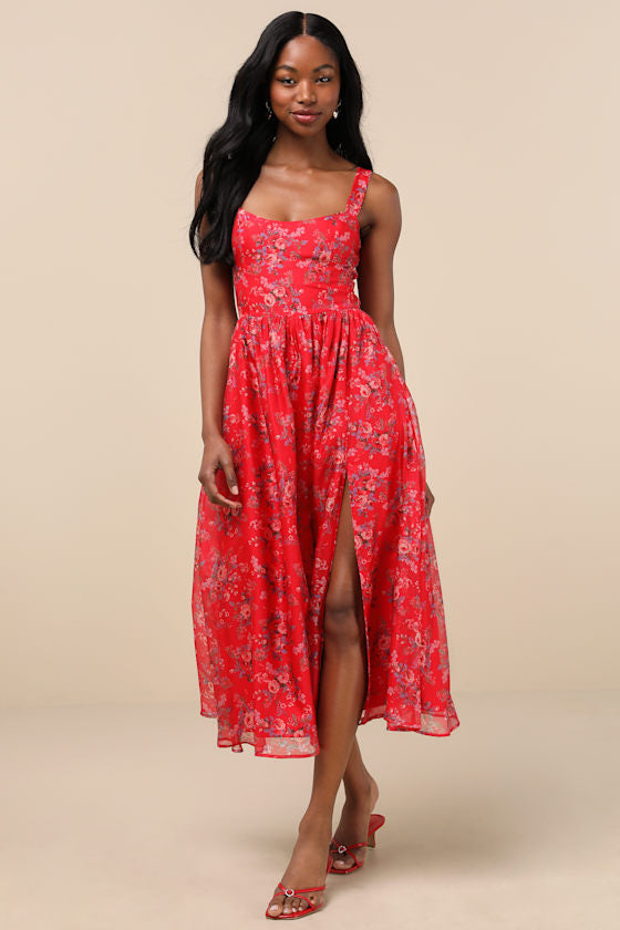 Francesca Red Floral Sleeveless Midi Dress