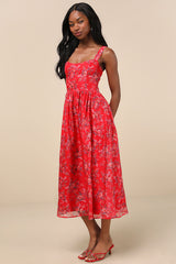 Francesca Red Floral Sleeveless Midi Dress
