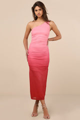 Beautiful Perception Pink Ombre One-Shoulder Mesh Midi Dress