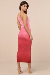 Beautiful Perception Pink Ombre One-Shoulder Mesh Midi Dress
