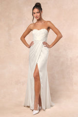 Heidy White Satin Beaded Strapless Maxi Dress